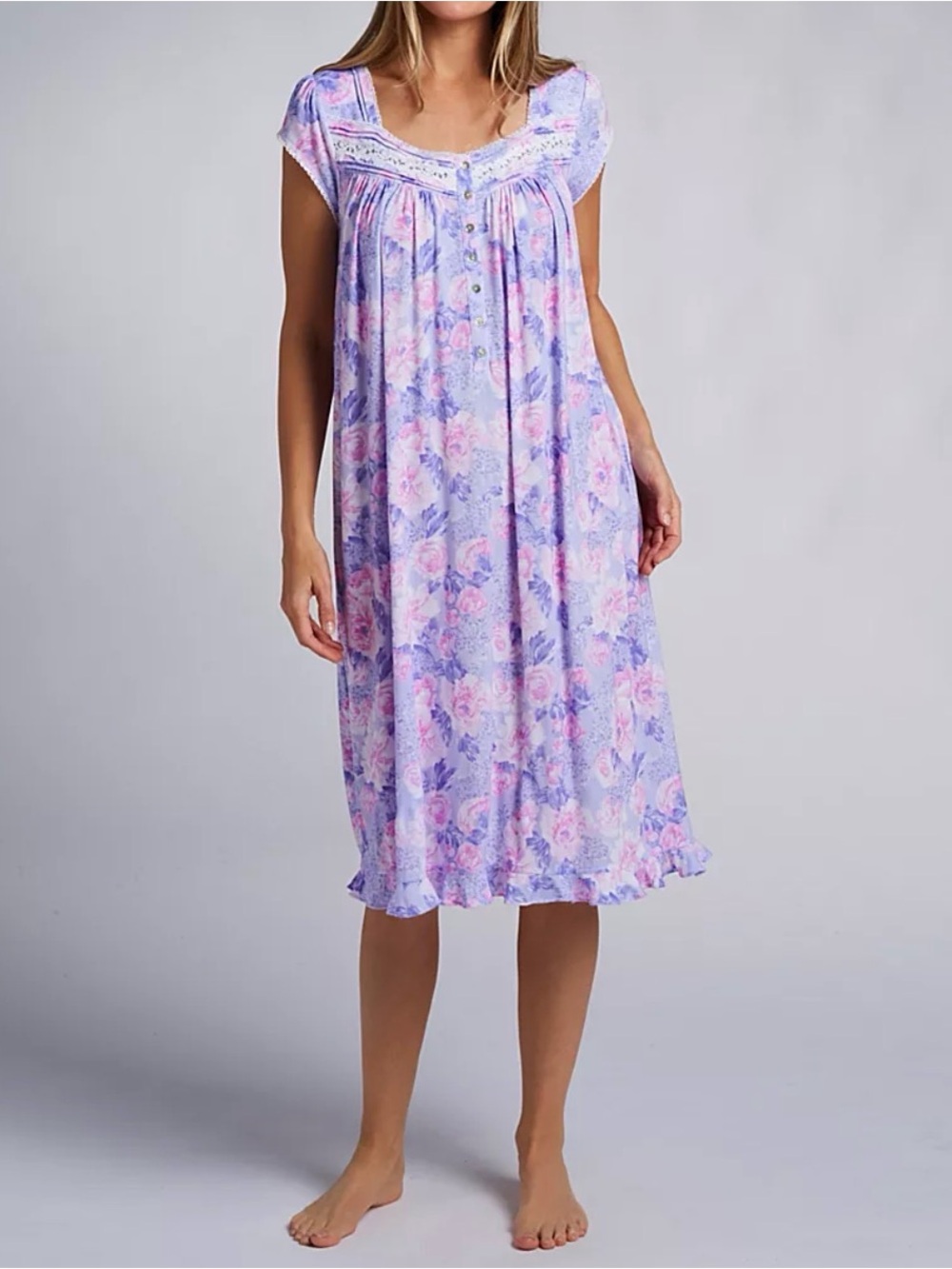 Eileen West Sz XL Nightgown Water Rose Floral Purple Pink Cap Sleeve Modal